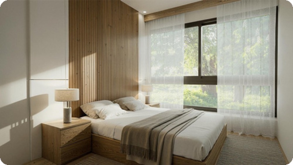 “The SAMO IX” — bedroom with wood accent wall